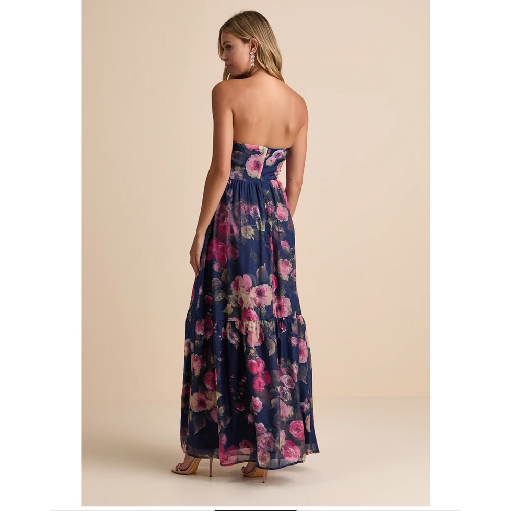 Lulu's Navy Strapless Floral Maxi Dress with Pink Blooms - Picture 2 of 15